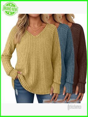 3 Pack Plus Size Long Sleeve Tunic Sweaters with Thumb Holes V Neck